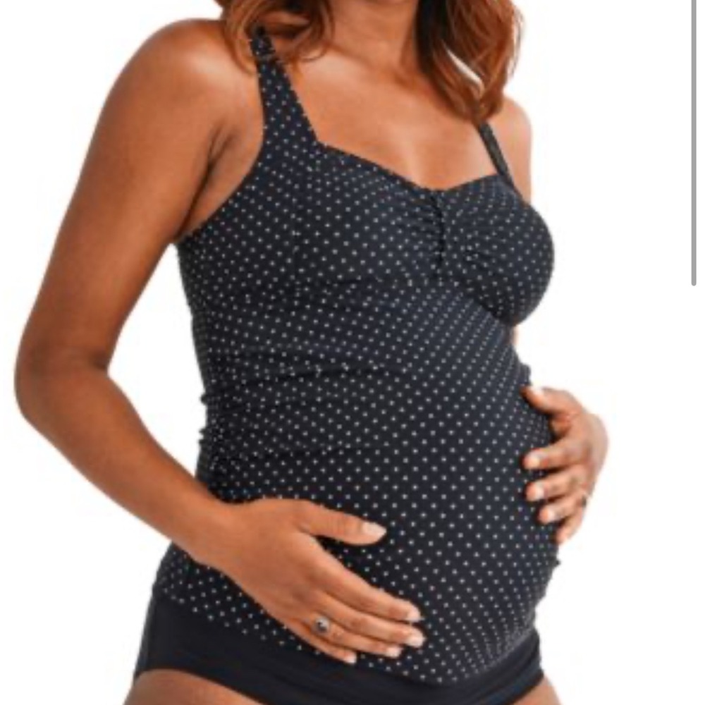 Motherhood Maternity Tankini Polka Dot Black L Retro Classic Modest Chic Swim